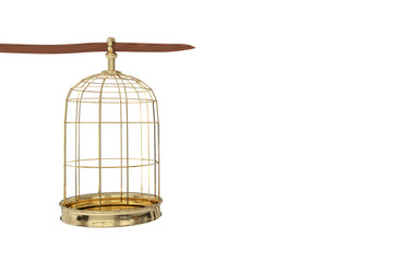 3D rendering of  a golden bird cage on white background