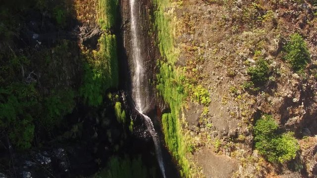 aerial view of waterfall and ocean in Madeira island