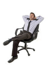 young happy attractive businessman leaning relaxed sitting on office chair isolated on white