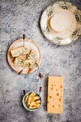 Cheese variety. Parmesan, gorgonzola, cream cottage cheese. 