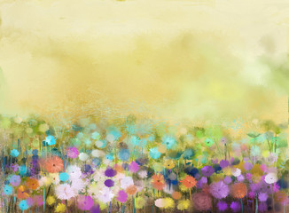 Obrazy  Streszczenie obraz olejny kwiaty roślin. Fioletowy kosmos, biała stokrotka, chaber, dziki kwiat, kwiat mniszka lekarskiego na polach. Ręcznie malowane kwiatowy łąka i żółte tło. Wiosna kwiat natura tło.
