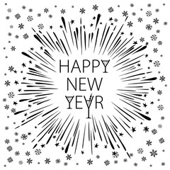 Happy New Year Card with Starburst. snowflake wineglass champagne Vector illustration.