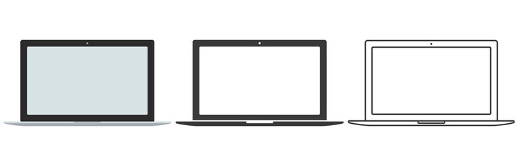 Laptops collection. Colorful, monochrome and linear laptops. Vector flat icons isolated on white background