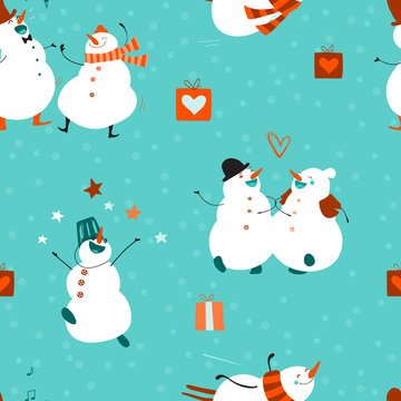 Winter turquoise and orange seamless pattern. Funny snowmen having fun at a party: fly, sing, dance. Hand-drawn background for New Year's design. Xmas sketch. Vector illustrations.