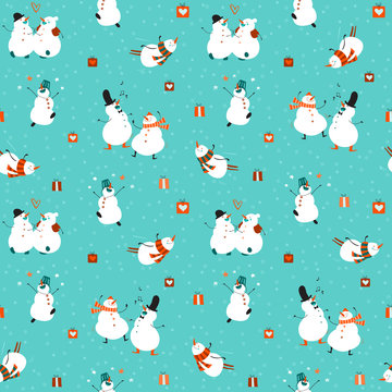 Winter turquoise and orange seamless pattern. Funny snowmen having fun at a party: fly, sing, dance. Hand-drawn background for New Year's design. Xmas sketch. Vector illustrations.