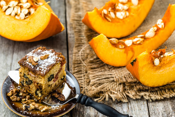 Pumpkin pie for Thanksgiving, homemade baking concept
