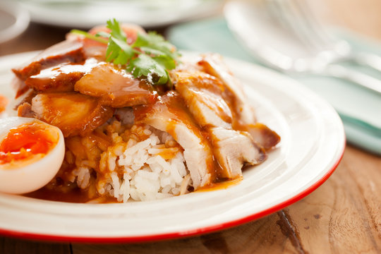 rice with roast red pork ,thai food