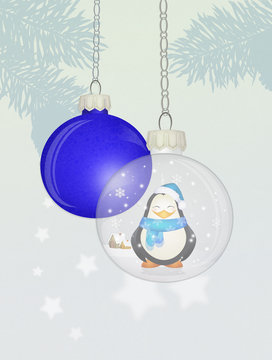penguin in the Christmas crystal ball
