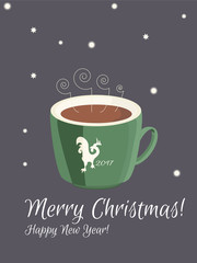 Christmas card. Hot coffee in green cup. Winter background. Symbols of New Year - Rooster silhouette. Merry Christmas! Happy New Year