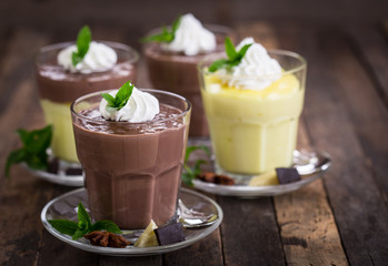 Chocolate and vanilla pudding with whipped cream