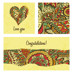Hand drawn cards templates with colorful ethnic motifs. Set design elements for greeting cards or invitations. Colourful doodle backgrounds. © tanyadzu