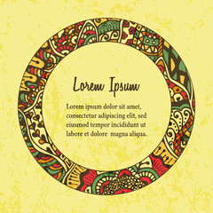 Card template with tangle ethnic motifs. Hand drawn vector background for greeting card or invitation. Round doodle frame.
