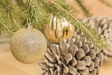 Christmas balls on fir branch and fir cones, close-up