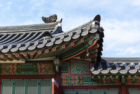 Close-up details of traditional Asian roofs - Seoul in South Korea