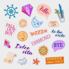 Fashion patch badges. Big set. Stickers, pins, patches and handwritten notes collection in cartoon 80s-90s comic style. Trend. Vector illustration isolated. Vector clip art.