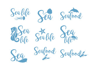 Seafood and sea life lettering design set. Vector illustration