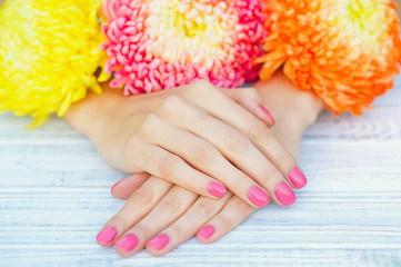 Woman hands with manicured fingernails surrounded by bright autumn flowers