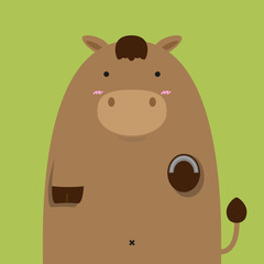 cute fat big brown horse on light green background