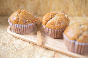 Homemade muffins with banana, selective focus