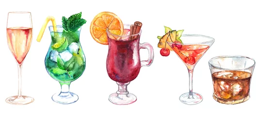 Foto op Plexiglas Watercolor exotic drink alcohol cocktail set isolated © Silmairel