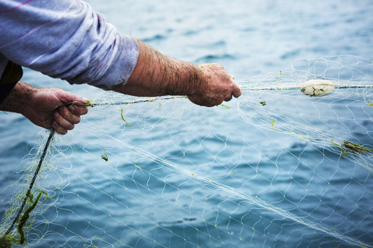 A fisherman pulling the net out of the water. 