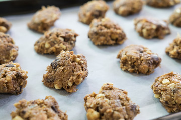 Chocolate chip cookies on a baking sheet