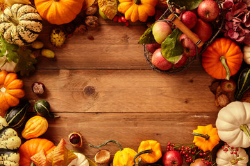 Colorful fall or autumn frame of fruit and veggies