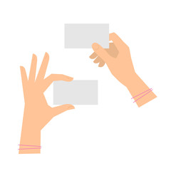 Two women's hands are holding business cards. Template flat illustration of businesswoman's hands and blank cards. Vector isolated on white background design elements for infographics, presentations.