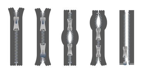 Vector set of zippers and fastener. Schematic isolated illustration of different types of zippers in a closed and opened positions. Metal or plastic clasps. Clothes accessory.