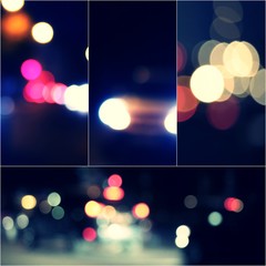Night city street lights bokeh background collage of toned images