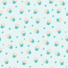 cute rabbit in teacup and hearts illustration, seamless pattern on blue background