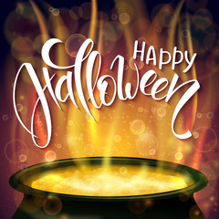vector halloween poster with hand lettering greetings label - happy halloween - with boiling witch cauldron on background - 122876157
