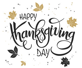 vector hand lettering thanksgiving greetings text - happy thanksgiving day - with leaves in gold color - 122876179