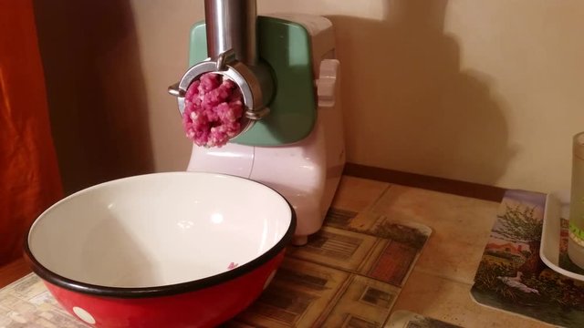 Automatic powerful grinder making minced meat of various kinds of meat, spices and onions