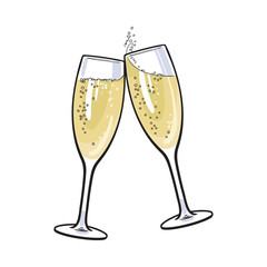 Pair of champagne glasses, set of sketch style vector illustration isolated on white background. Hand drawn glasses with bubbly champagne, cheers, holiday toast