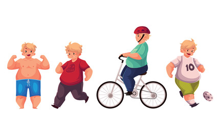 Fat boy doing sport exercises, cycling, running, playing football, cartoon vector illustration isolated on white background. Obese, fat, chubby kid doing sport, getting fit, active lifestyle