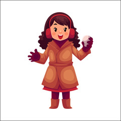 Happy little girl in winter clothes with a snowball, cartoon style vector illustration isolated on white background. Little caucasian girl in warm winter clothes