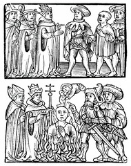 Church transfers heretic to civil authorities, which burns him and saves his soul (woodcut from 15th century) 