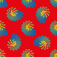 Obraz premium Blue yellow spiral geometric seamless pattern on red background