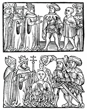 Church transfers heretic to civil authorities, which burns him and saves his soul (woodcut from 15th century) 
