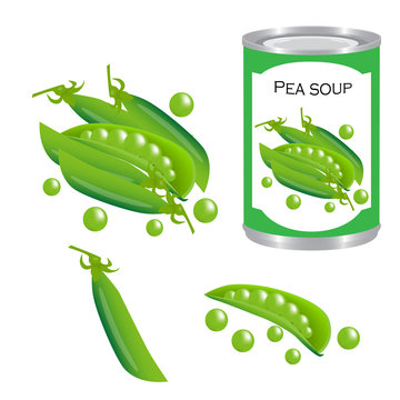 canned pea soup realistic isolated. green fresh pea pods isolated vector illustration