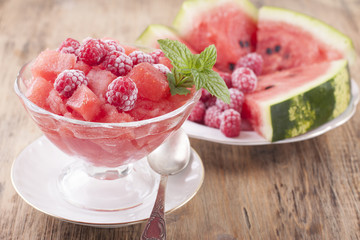 Watermelon sorbet with raspberries.
