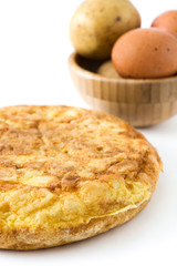 Traditional spanish omelette with potatoes and eggs isolated on white background

