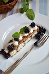 Fruit cake with filling of cottage cheese balls. Authentic ukrainian dessert. Overhead view.