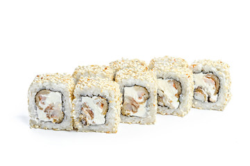 Sushi roll with fresh ingredients isolated on white background