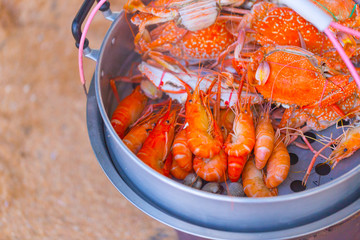 Crab and shrimp steamed sell around sea beach, Pattaya Chonburi Thailand.