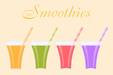 Set of glass jars with colorful smoothie on yellow background. V
