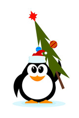 Little cheerful penguin with Christmas tree in hat of Santa Clau