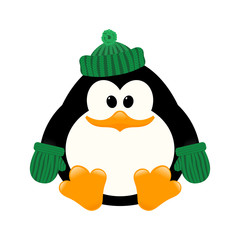 Vector illustration of a young cute penguin in a knitted cap and