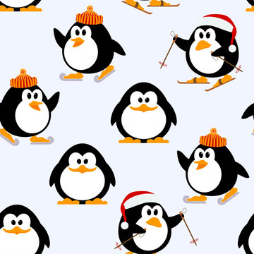 Vector seamless pattern with young penguins playing. Penguins sk